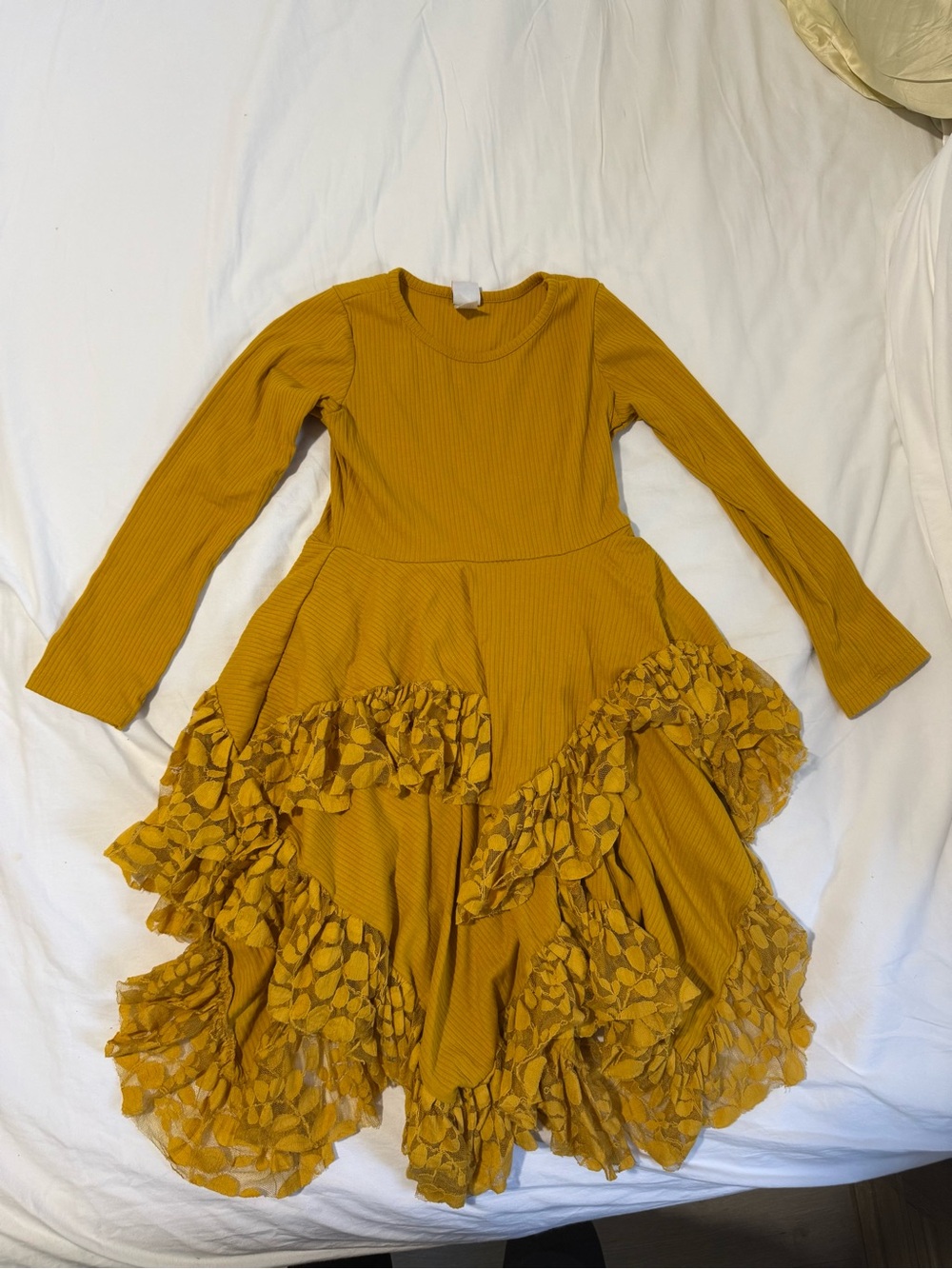 Girls' Mustard Ruffled Long-Sleeve Dress